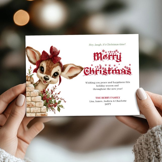 Cartão De Festividades Magical Xmas peeking baby fawn snowy greeting card (Magical Xmas peeking baby fawn snowy greeting card)