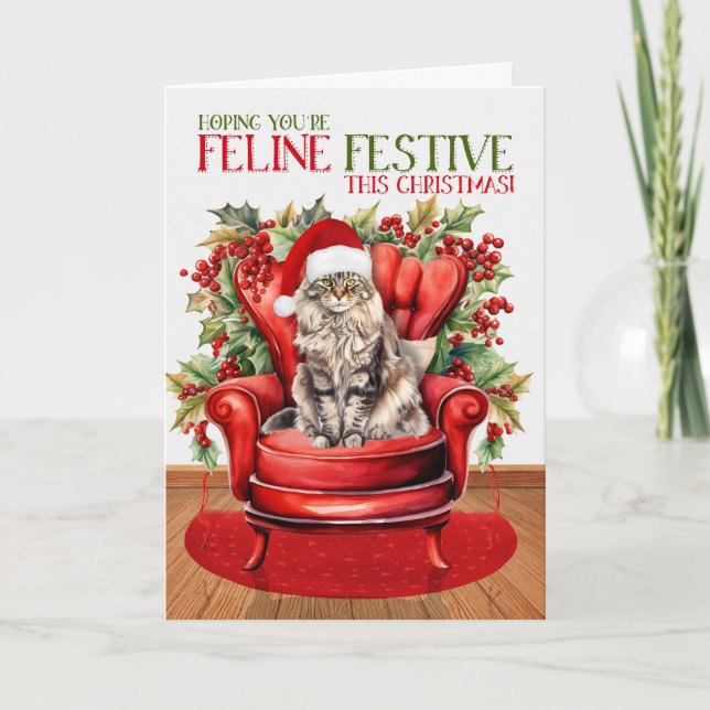 Cartão De Festividades Maine Coon Christmas Cat FELINE Festivo (Frente)