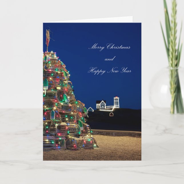 Cartão De Festividades Maine Ltos Trap Nubble Light Christmas Card Alto (Frente)