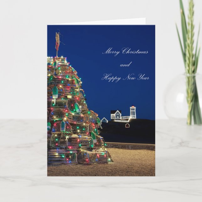 Cartão De Festividades Maine Ltos Trap Nubble Light Christmas Card Alto (Frente)