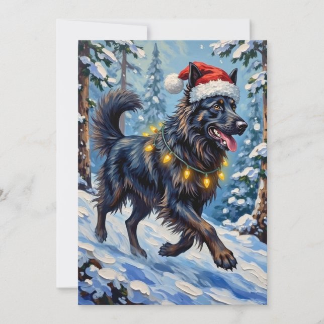 Cartão De Festividades Majestic Belgian Shepherd Snow Forest Christmas (Frente)