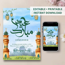 Cartão De Festividades Majestic Blue Sky Mosque Towers Eid Greeting Card