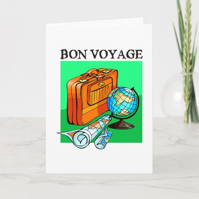 Cartão De Festividades Mala de viagem, bagagem, mapa e globo: Bon voyage! (Frente)