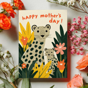 Cartão De Festividades Mamãe Leopardo com Filhote Floral Feliz Dia das Mã