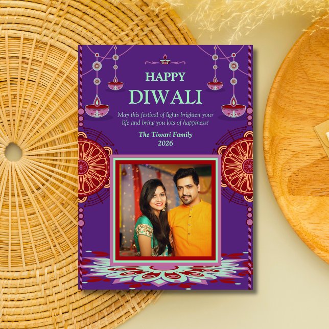 Cartão De Festividades Mandala roxa elegante Diwali Festival das Luzes (Criador carregado)