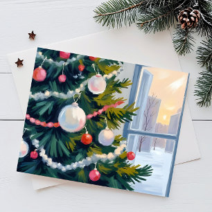 Cartão De Festividades Manhã de Natal   Enfeites de Árvore em Aquarela