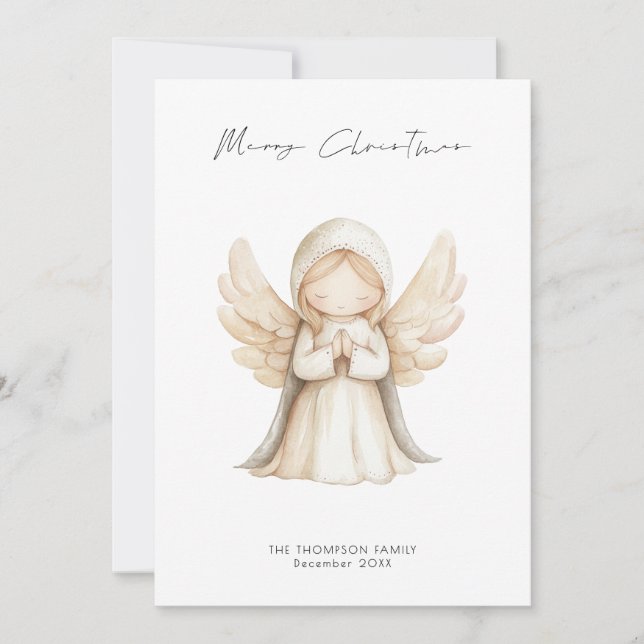 Cartão De Festividades Manuscrito Anjo Minimalista Feliz Natal (Frente)