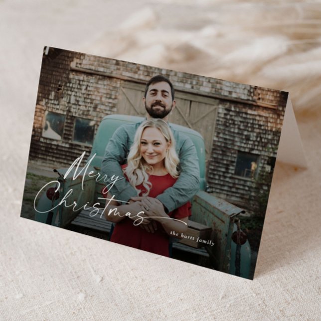 Cartão De Festividades Manuscrito de Natal Mínimo 2 Foto (Modern script Merry Christmas Photo Holiday Cards.)