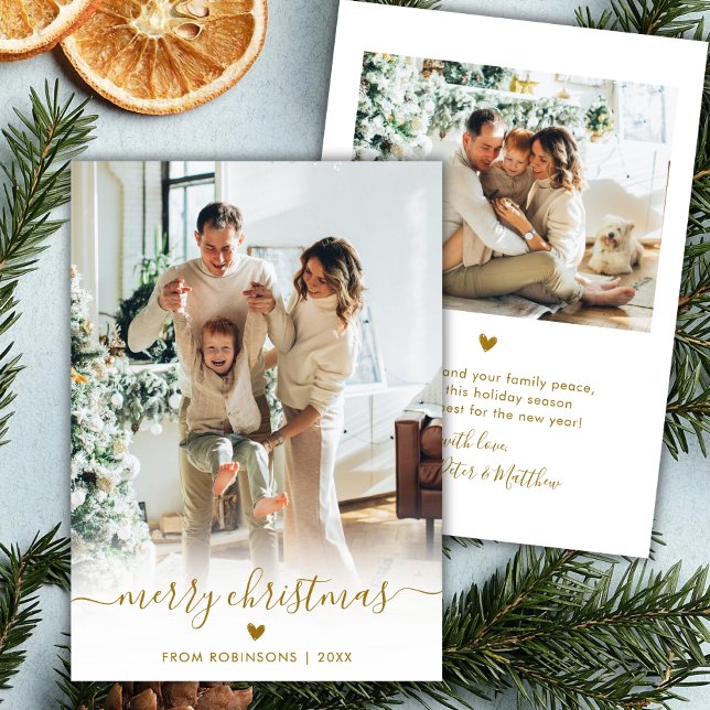 Cartão De Festividades Manuscrito Dourado mínimo moderno 2 Foto Feliz Nat (Criador carregado)