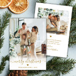 Cartão De Festividades Manuscrito Dourado mínimo moderno 2 Foto Feliz Nat<br><div class="desc">Cartão de Feriado de Script de Natal Mínimo Elegante Dourado Script 2 Foto Feliz. Este simples e festivo, dois (2) cartões de natal de cartão de modelo com fotografia com o texto "Feliz Natal" em uma camada de fotos colorida, escrita à mão, com letras brancas e irrisórias, caligrafia-rabo-de-banho. No verso,...</div>
