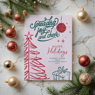Cartão De Festividades Mão Desenhada Dodle Vermelho Verde Rosa Natal