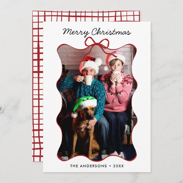 Cartão De Festividades Mão Vermelha Branca Desenhada Arco ondulado Natal (Frente/Verso)