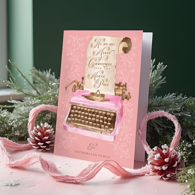 Cartão De Festividades Máquina de Escrever Rosa Retrô Natal Carta do Papa (Merry Christmas Retro Pink Typewriter Santa Letter Holiday Card)