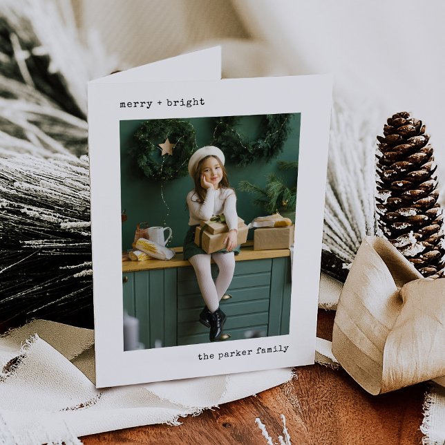 Cartão De Festividades Máquina de Natal | Preto e branco com fotos (A simple and elegant photo Christmas card with vintage, nostalgic appeal and typewriter text)