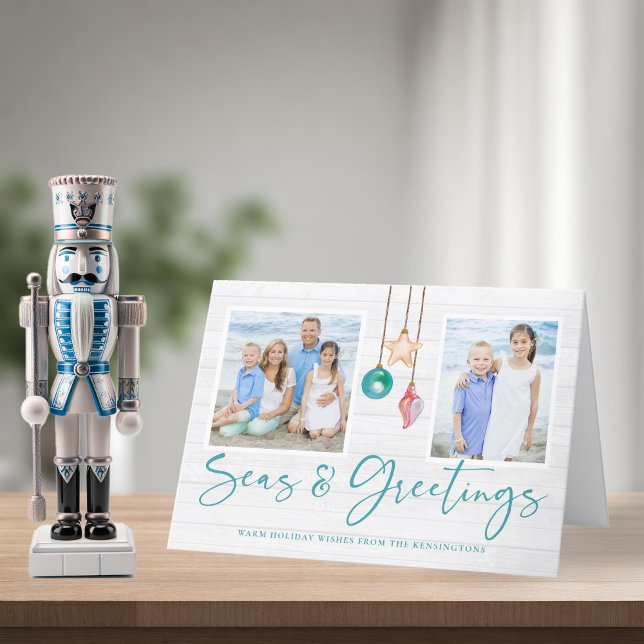Cartão De Festividades Mares Turquesa e Saudações Enfeite de Concha de Mo (Teal Seas and Greetings Seashell Ornament Photo Holiday Card)
