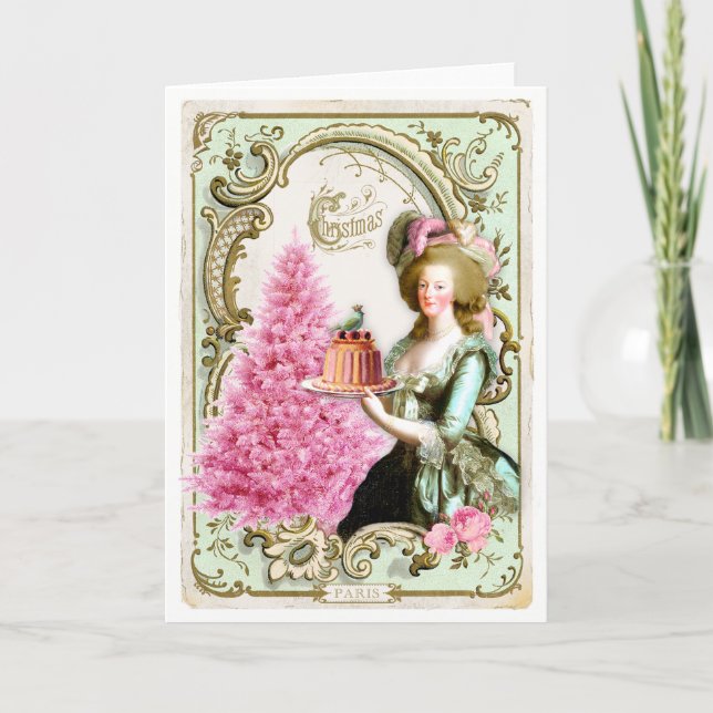 Cartão De Festividades Marie Antoinette Christmas Card Cake Pink Tree (Frente)