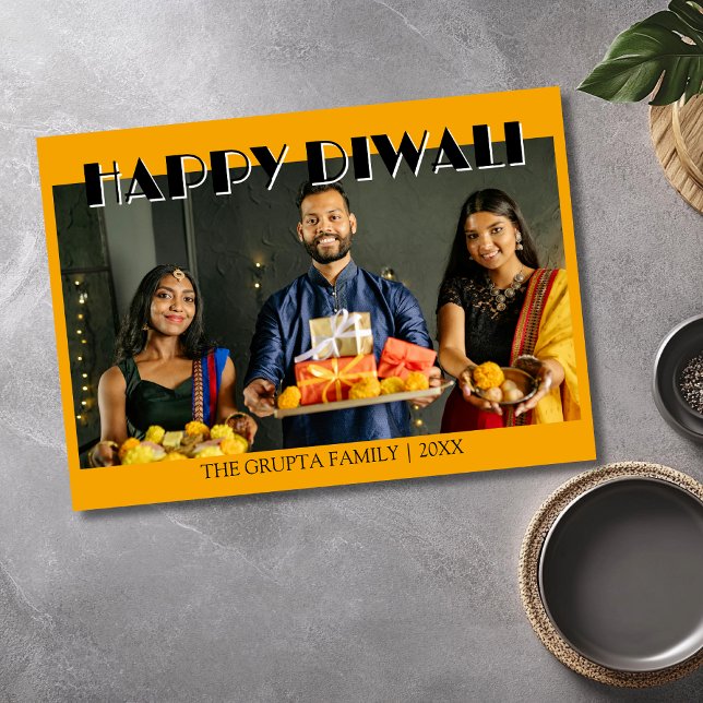 Cartão De Festividades Marigold Orange Traditional Photo Happy Diwali  (Criador carregado)