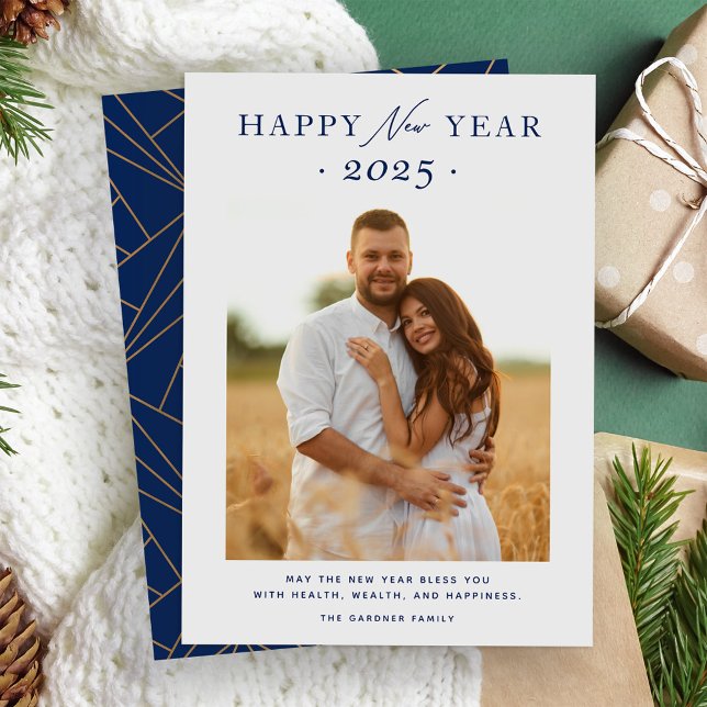 Cartão De Festividades Marinho 2025 Foto Geométrica Dourada Azul (Criador carregado)