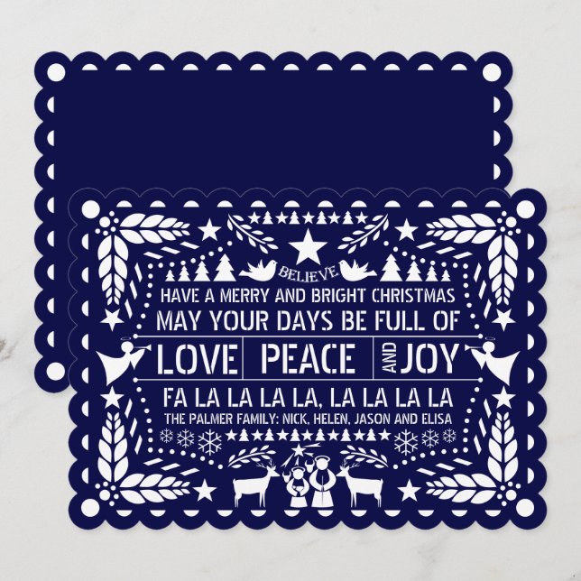 Cartão De Festividades Marinho azul Amor Paz Joy papel picado Natal (Frente/Verso)