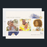 Cartão De Festividades Marinho Blue & Dourado Beach Tropical Greenery 3-F<br><div class="desc">O cartão de férias tropical azul e dourado da Boutique Co. náutica apresenta cor d'água púrpura/verde azul e verde tropical dourado e é acentuado com uma cinta de água bonito e estrelas de água de marfim correspondentes. O cartões de natal, o nome da família e o ano (verso) são a...</div>