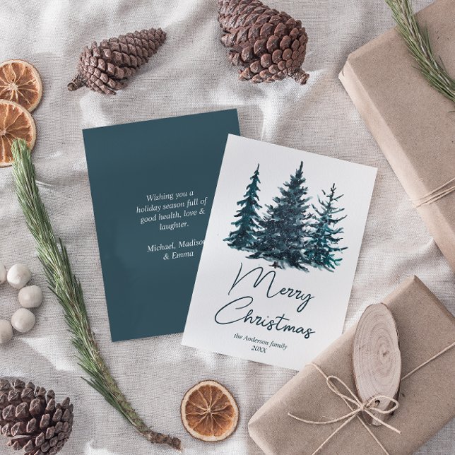 Cartão De Festividades Marinho de Aquarela Árvores de Pinheiros Azuis Fel (Criador carregado)