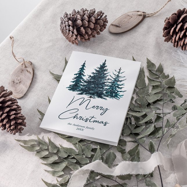 Cartão De Festividades Marinho de Aquarela Árvores de Pinheiros Azuis Fel (Criador carregado)