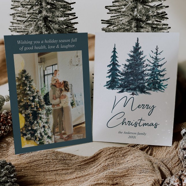 Cartão De Festividades Marinho de Aquarelas Blue Pine Trees Foto Natal (Criador carregado)