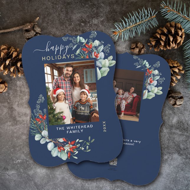 Cartão De Festividades Marinho de Foto Botânica de Aquarela Azul (You will love these beautiful Christmas cards! They feature botanical watercolor pine and berries.)
