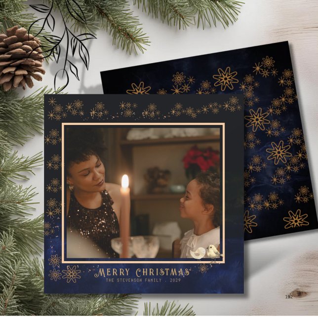 Cartão De Festividades Marinho de Foto Feliz de Natal Azul (Elegant Merry Christmas Photo Navy Blue Holiday Card)