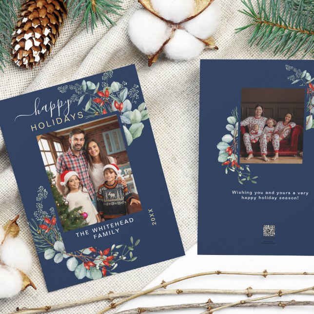 Cartão De Festividades Marinho de Fotografia Botânica de Aquarela Azul (You will love these beautiful Christmas cards! They feature botanical watercolor pine and berries.)