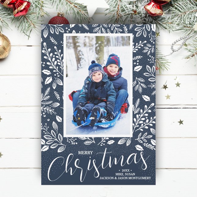 Cartão De Festividades Marinho de Natal feliz Foto azul (White botanicals on navy blue Merry Christmas photo holiday cards, PRINTED and/or INSTANT DOWNLOAD)