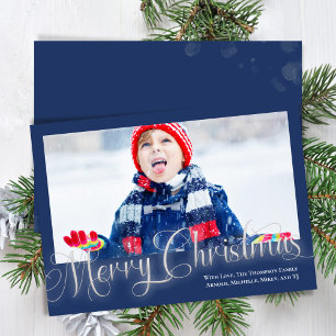 Cartão De Festividades Marinho de Natal feliz - Script de Foto Azul Um