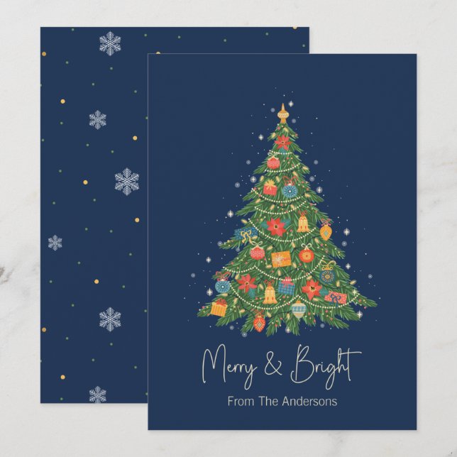 Cartão De Festividades Marinho e Árvore de Natal Brilhante (Frente/Verso)
