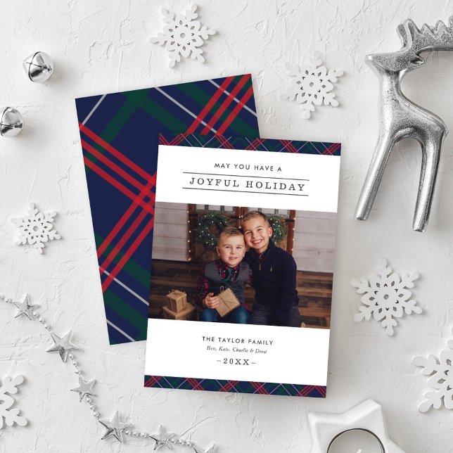 Cartão De Festividades Marinho Elegante Red Green Tartan Foto da Xadrez (Criador carregado)
