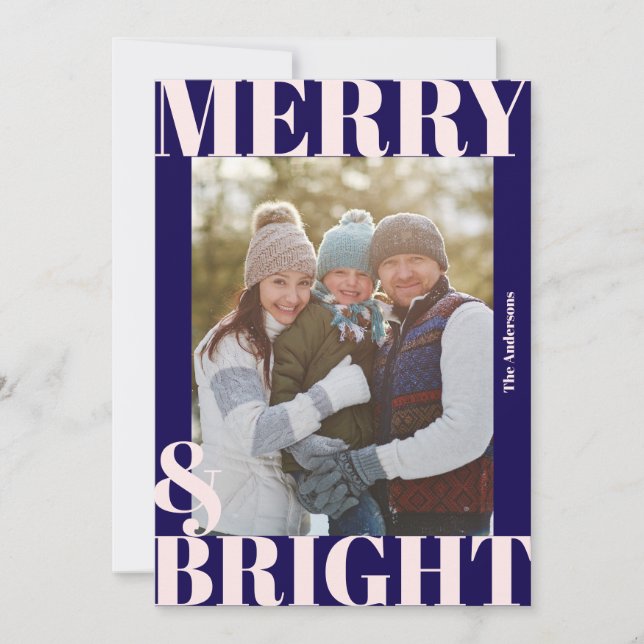 Cartão De Festividades Marinho moderno preto Feliz rosa azul e foto brilh (Frente)