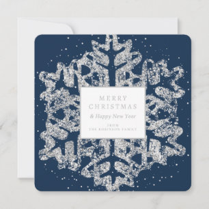 Cartão De Festividades Marinho Simples Silver Christmas Glitter Snowflake