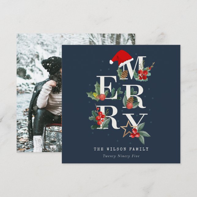 Cartão De Festividades Marinho Vermelho Verde Branco Feliz Foto de Natal (Frente/Verso)