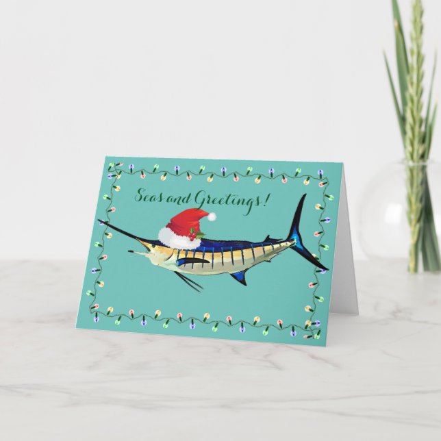 Cartão De Festividades Marlin with Santa Hat Holiday Card (Frente)