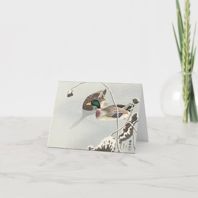 Cartão De Festividades Marrecos perto de um Lótus Coberto de Neve (1925 - (Frente)