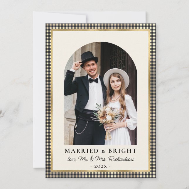 Cartão De Festividades Married and Bright Arch Photo Black Gold Plaid  (Frente)