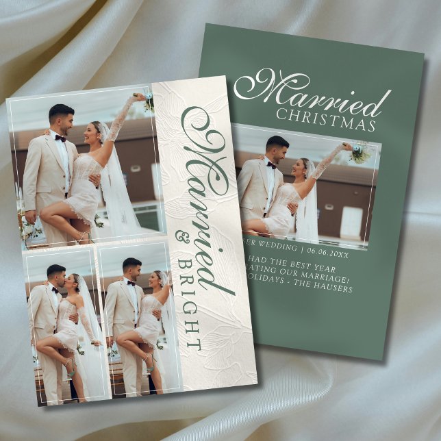 Cartão De Festividades Married and Bright Photo Grid Newlywed (Capture the love from your wedding day with this Married and Bright Photo Grid Newlywed Holiday Card)