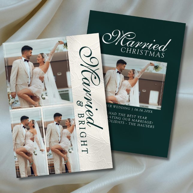 Cartão De Festividades Married and Bright Photo Grid Newlywed (Capture the love from your wedding day with this Married and Bright Photo Grid Newlywed Holiday Card)