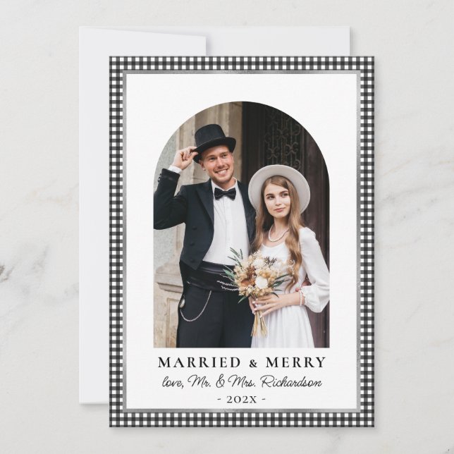 Cartão De Festividades Married and Merry Arch Photo Black White Plaid  (Frente)