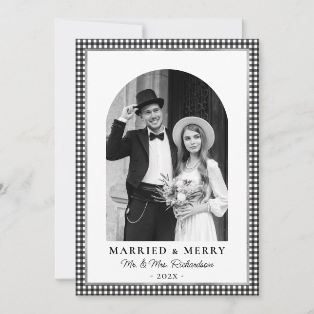Cartão De Festividades Married and Merry Arch Photo Black White Plaid (Frente)
