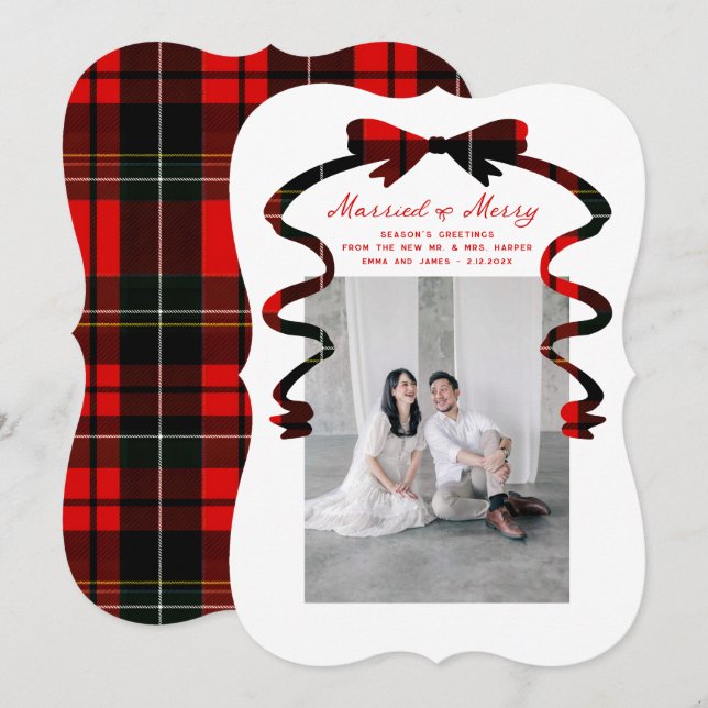 Cartão De Festividades Married and Merry Bow Photo Christmas Newlyweds (Frente/Verso)