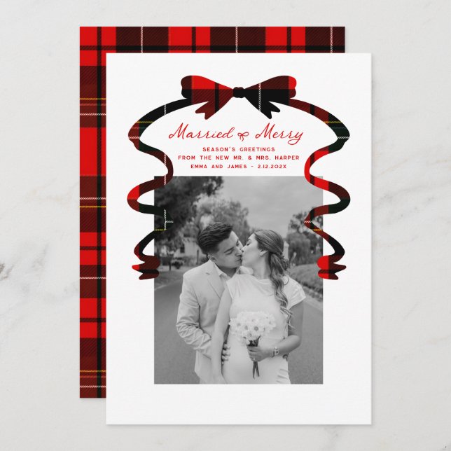 Cartão De Festividades Married and Merry Bow Photo Christmas Newlyweds (Frente/Verso)