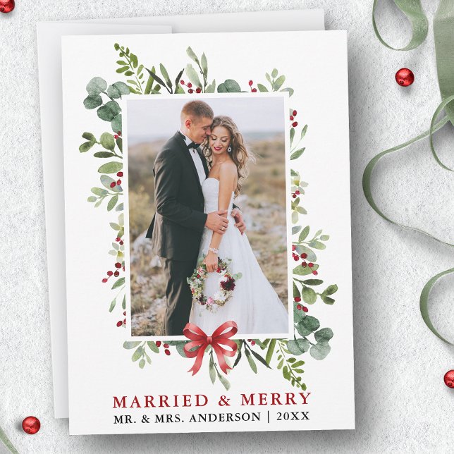Cartão De Festividades Married & Merry Watercolor Greenery Red Bow (Customize to add text to back of card.)