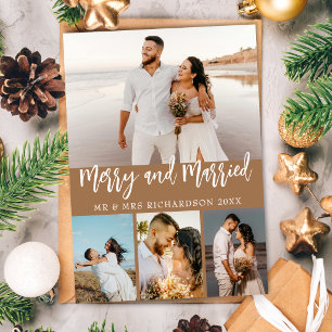 Cartão De Festividades Marrom Alegre e Casado 4 Colagem de Fotos Natal