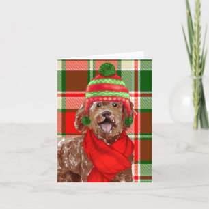 Cartão De Festividades Marrom-Natal Labradoodle Cão e Xadrez festiva