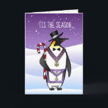 Cartão De Festividades Masonic Christmas Card Holiday Penguin Grand Lodge<br><div class="desc">Your masonic brothers and their families will be tickled purple and gold when you send them this masonic Christmas card featuring a holiday penguin in Grand Lodge officer attire. This sophisticated top hat and tuxedo penguin is adorned with the Most Worshipful Grand Master jewel and apron. The message at the...</div>